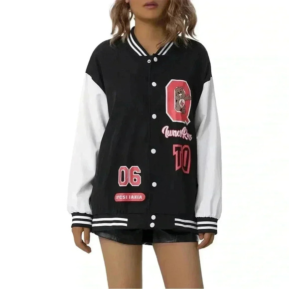 Women's Oversized Baseball Varsity Bomber Jacket with Snap Button Closure size L - Picture 3 of 13